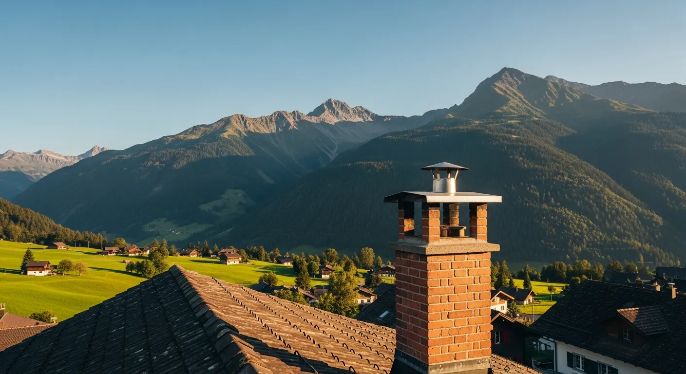 Schweizer Dach mit Kamin und Bergpanorama